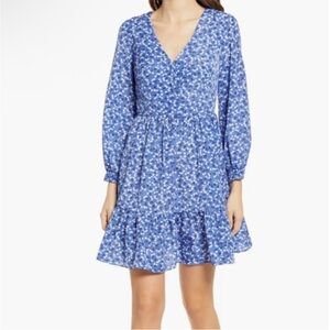 Eliza J Long Sleeve Blue and White Floral Mini Dress Size 8